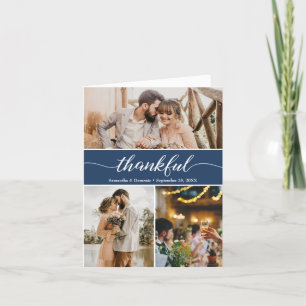 Royal Blue Photo Collage Thankful Script Wedding Bedankkaart