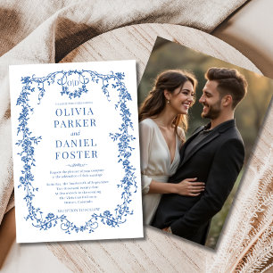 Royal Blue Photo Floral Victoriaans Franse bruilof Kaart