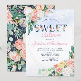 Royal Blue Pink Floral Sweet 16 Verjaardag Kaart