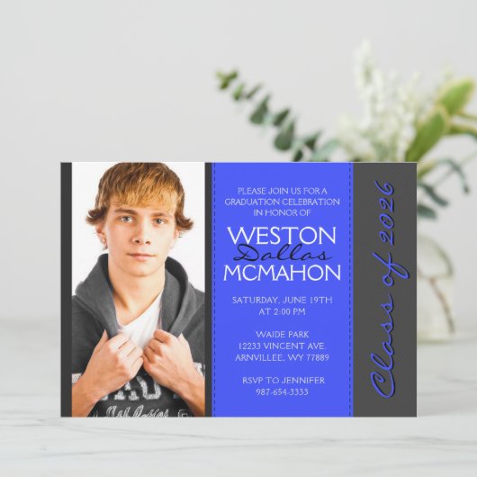 Royal Blue & Pinstripe grijs foto Afstuderen Kaart (Staand voorkant)