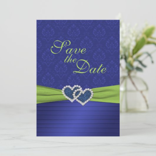 Royal Blue Pleats en Chartreuse Save the Date (Staand voorkant)
