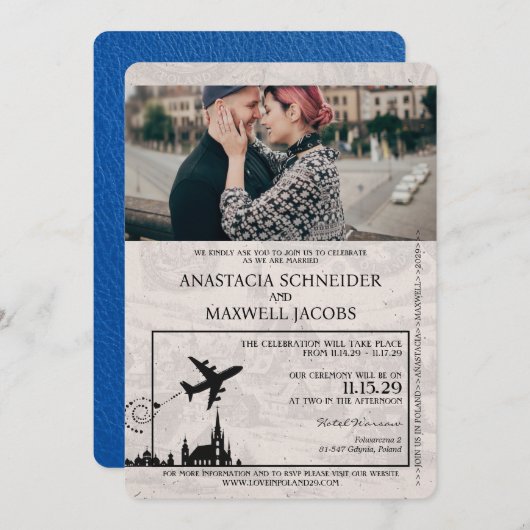 Royal Blue Poland Passport Wedding Invitation Kaart (Voorkant / Achterkant)