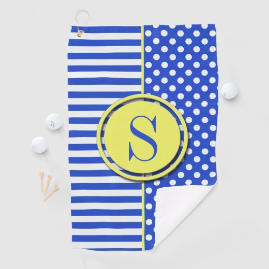 Royal Blue Polka Dots en Stripes-Monogram STaylor Golfhanddoek (Insitu)