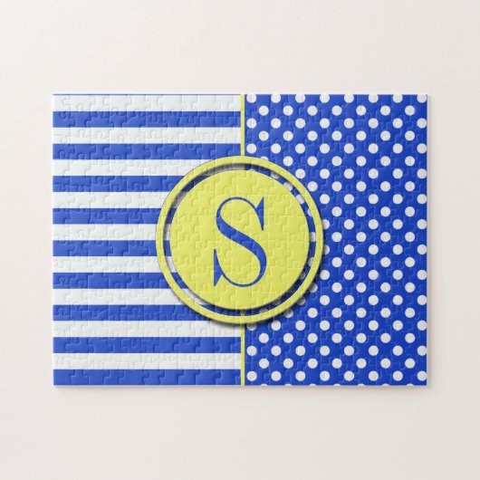Royal Blue Polka Dots en Stripes-Monogram STaylor Legpuzzel (Horizontaal)