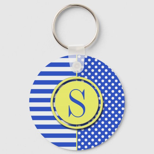 Royal Blue Polka Dots en Stripes-Monogram STaylor Sleutelhanger (Voorkant)