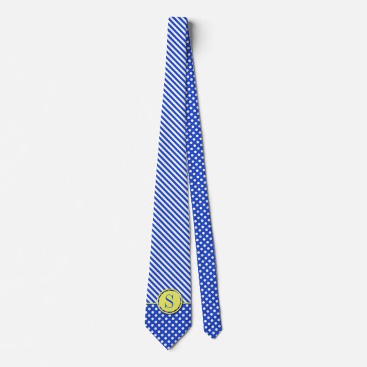 Royal Blue Polka Dots en Stripes-Monogram STaylor Stropdas (Voorkant)