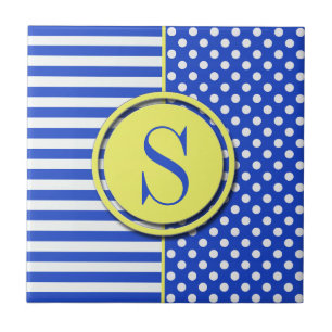 Royal Blue Polka Dots en Stripes-Monogram STaylor Tegeltje