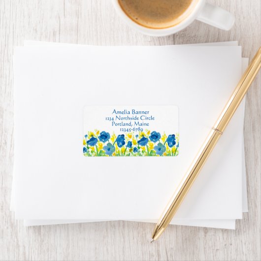 Royal Blue Poppies Yellow Waterverf Flowers Etiket (Insitu)