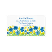 Royal Blue Poppies Yellow Waterverf Flowers Etiket (Voorkant)