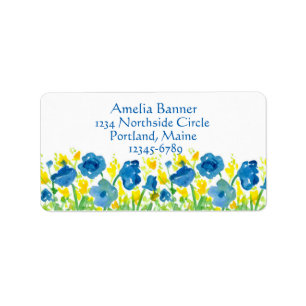 Royal Blue Poppies Yellow Waterverf Flowers Etiket