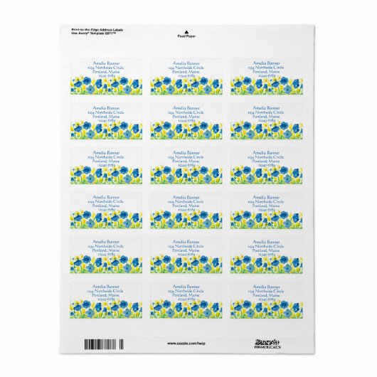 Royal Blue Poppies Yellow Waterverf Flowers Etiket (Full Sheet)