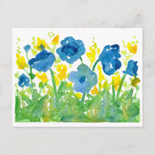 Royal Blue Poppies Yellow Wildflower Waterverf Briefkaart