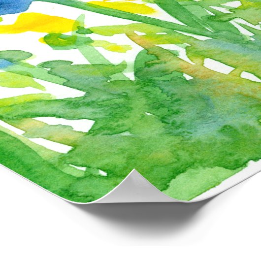 Royal Blue Poppies Yellow Wildflower Waterverf Poster (Hoek)