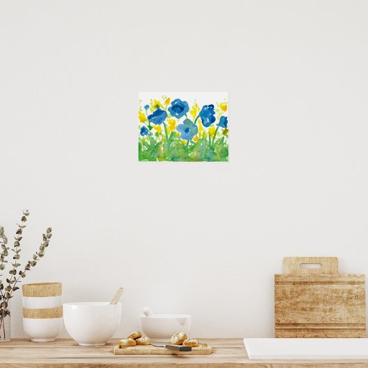 Royal Blue Poppies Yellow Wildflower Waterverf Poster (Keuken)