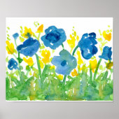 Royal Blue Poppies Yellow Wildflower Waterverf Poster (Voorkant)