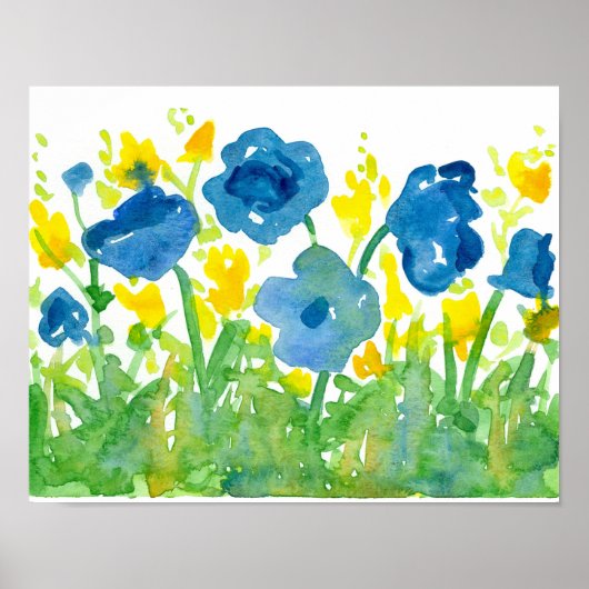 Royal Blue Poppies Yellow Wildflower Waterverf Poster (Voorkant)