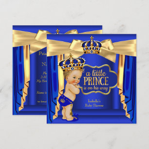 Royal Blue Prince Baby shower Gold Crown Blonde Kaart