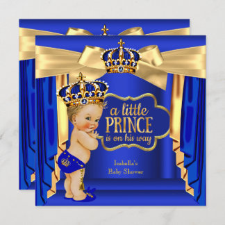 Royal Blue Prince Baby shower Gold Crown Blonde Kaart