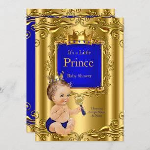 Royal Blue Prince Baby shower Gold Crown Brunette Kaart