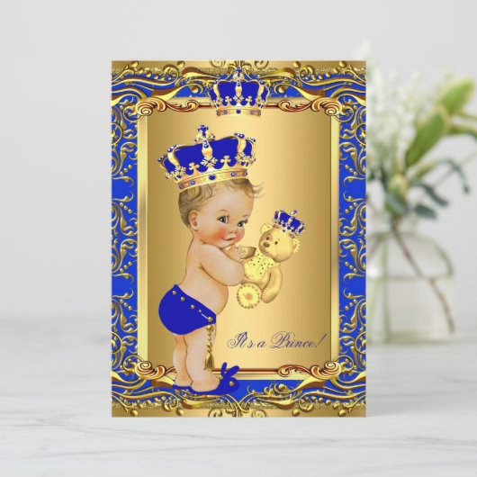 Royal Blue Prince Crown Baby shower Beer Blonde Kaart (Staand voorkant)