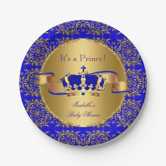 Royal Blue Prince Crown Baby shower Boy Papieren Bordje (Voorkant)