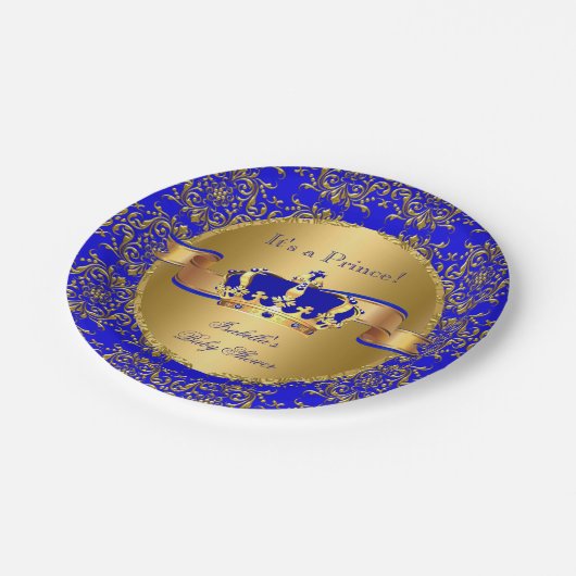 Royal Blue Prince Crown Baby shower Boy Papieren Bordje (Gekanteld)