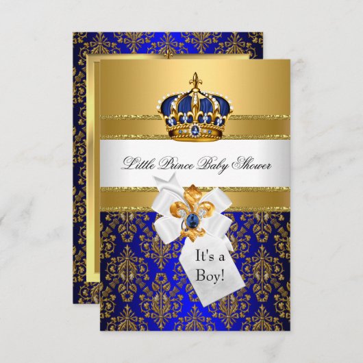 Royal Blue Prince Crown Baby shower Invite Kaart (Voorkant / Achterkant)