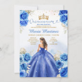 Royal Blue Princess Floral Gold Crown Quinceañera Kaart (Voorkant)