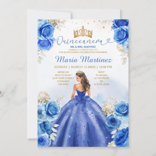 Royal Blue Princess Floral Gold Crown Quinceañera Kaart (Voorkant)
