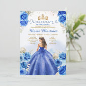 Royal Blue Princess Floral Gold Crown Quinceañera Kaart (Staand voorkant)