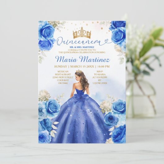 Royal Blue Princess Floral Gold Crown Quinceañera Kaart (Staand voorkant)
