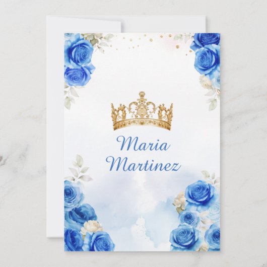 Royal Blue Princess Floral Gold Crown Quinceañera Kaart (Achterkant)