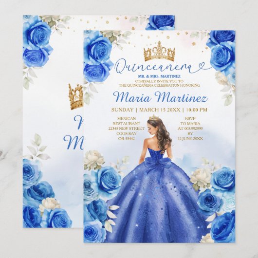Royal Blue Princess Floral Gold Crown Quinceañera Kaart (Voorkant / Achterkant)