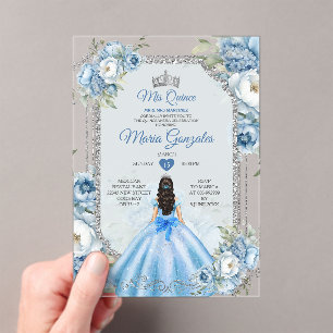 Royal Blue Princess Floral Zilveren Kroon Mis Quin Acryl Uitnodigingen