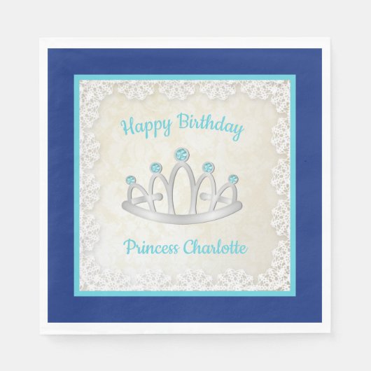 Royal Blue Princess Tiara Birthday Paper Napkin Servet (Voorkant)