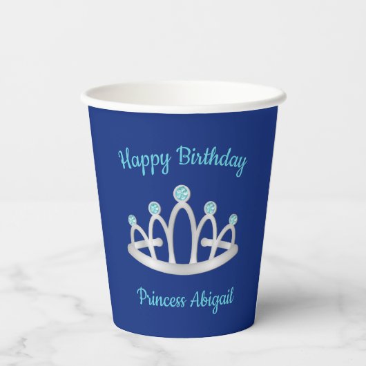 Royal Blue Princess Tiara Birthday Party Papieren Bekers (Achterkant)