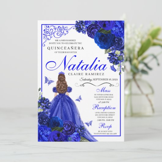 Royal Blue Prinses & Vlinders Quinceañera Kaart (Staand voorkant)