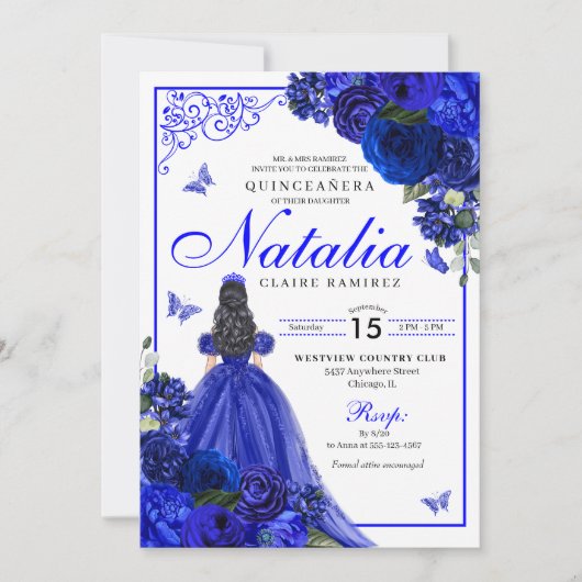 Royal Blue Prinses & Vlinders Quinceañera Kaart (Voorkant)
