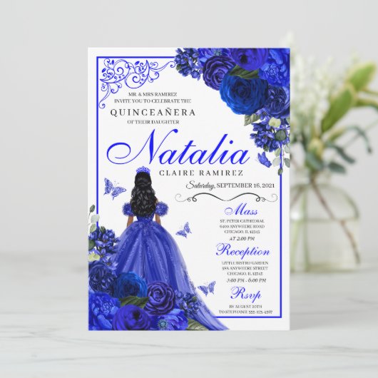 Royal Blue Prinses & Vlinders Quinceañera Kaart (Staand voorkant)