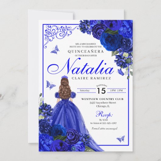 Royal Blue Prinses & Vlinders Quinceañera Kaart (Voorkant)