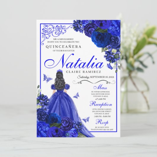Royal Blue Prinses & Vlinders Quinceañera Kaart (Staand voorkant)
