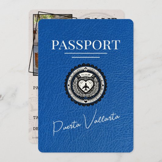 Royal Blue Puerta Vallarta Passport Save The Date (Voorkant / Achterkant)