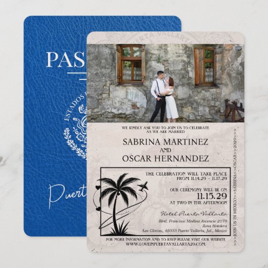 Royal Blue Puerta Vallarta Passport Wedding Kaart (Voorkant / Achterkant)
