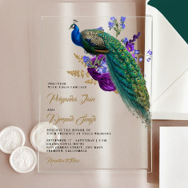 Royal Blue Purple Floral Indian Peacock Wedding Acryl Uitnodigingen