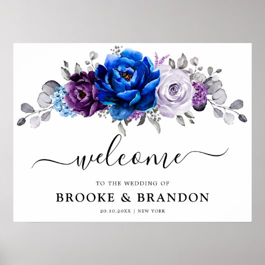 Royal Blue Purple Navy Lilac Bloom Wedding Welcome Poster (Voorkant)