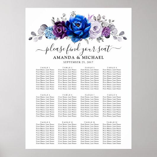Royal Blue Purple Navy Lilac Blooms Seating Chart Poster (Voorkant)
