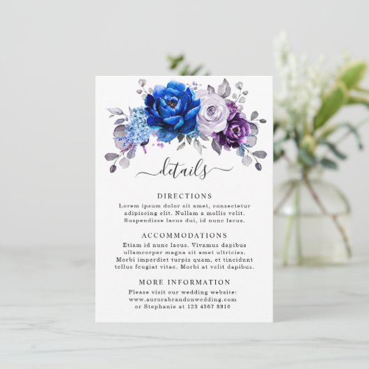 Royal Blue Purple Navy Lilac Blooms Wedding Detail Informatiekaartje (Staand voorkant)