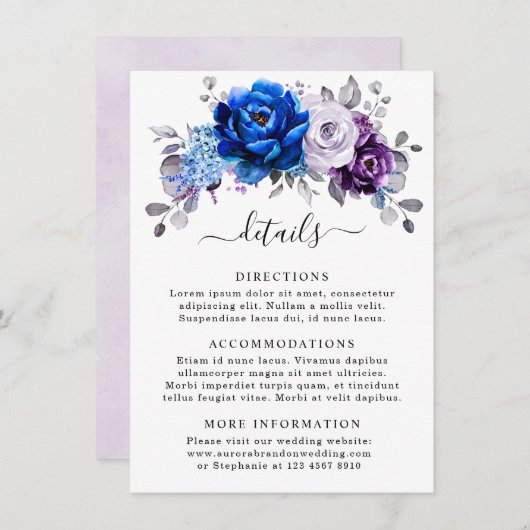 Royal Blue Purple Navy Lilac Blooms Wedding Detail Informatiekaartje (Voorkant / Achterkant)