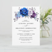 Royal Blue Purple Navy Lilac Blooms Wedding Kaart (Staand voorkant)