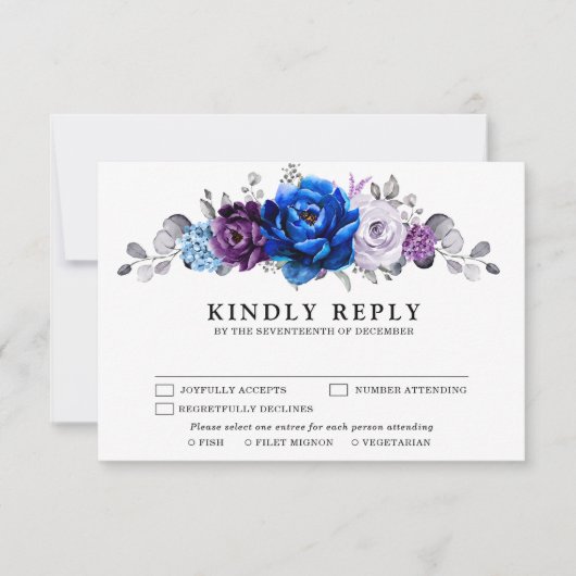 Royal Blue Purple Navy Lilac Blooms Wedding RSVP Kaartje (Voorkant)